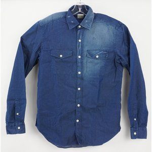 New Culturata Men's Medium Indigo Blue Twill Distressed Western Button Up Shirt